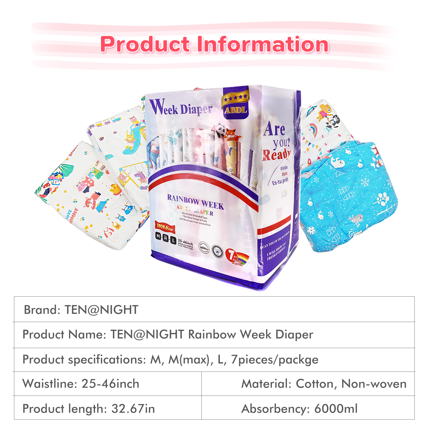 ABDL Adult Diaper Large Size Rainbow Weekly Diaper 6000ml Absorbtive DDLG Daddy Dummy Dom One Style 7pcs In A Pack