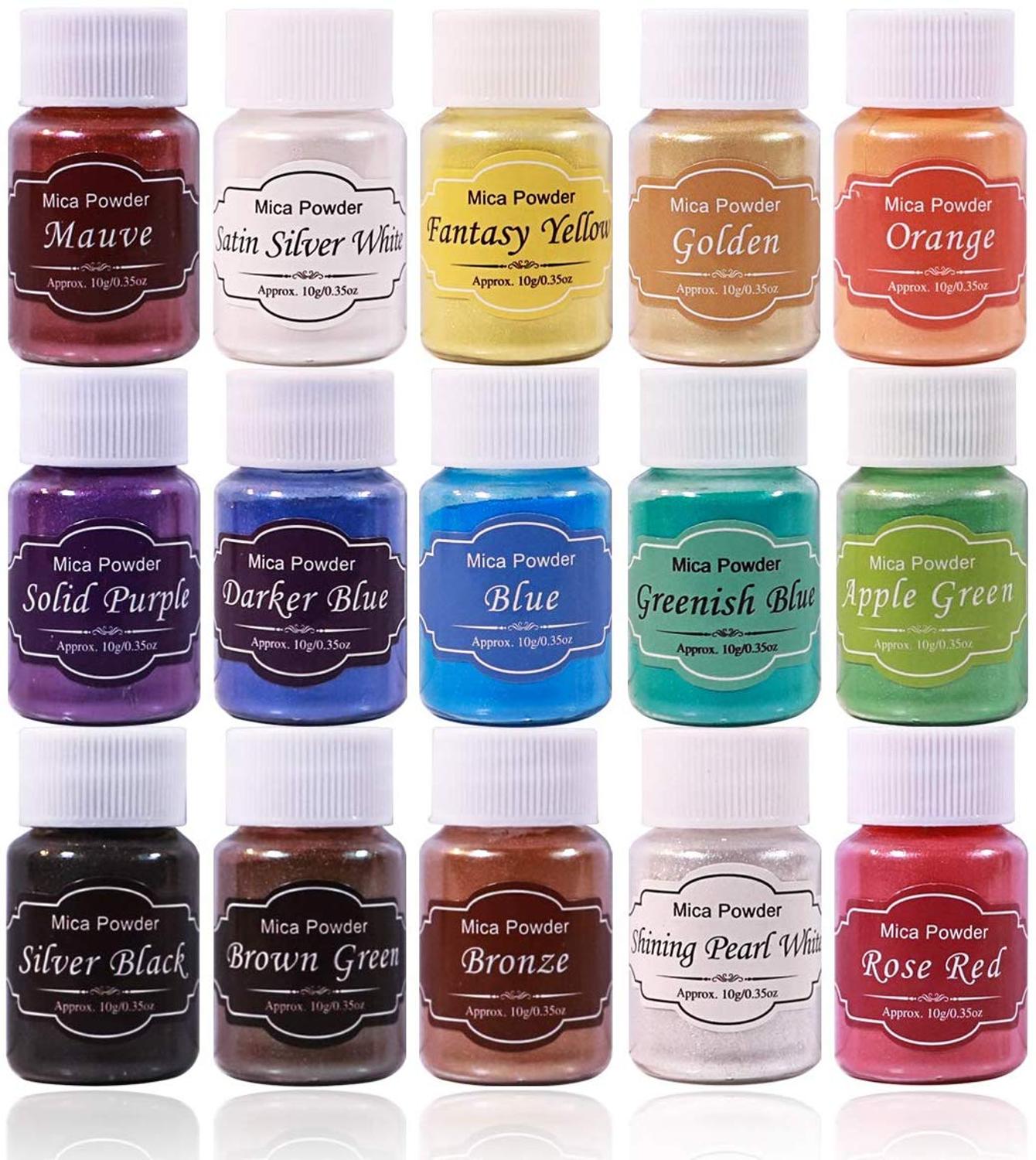 Mica Powder Epoxy Resin Dye 15 Color Powder Pigments for DIY Arts, Crafts , Paint, Nail Polish, Soap Making, Coloring Mix