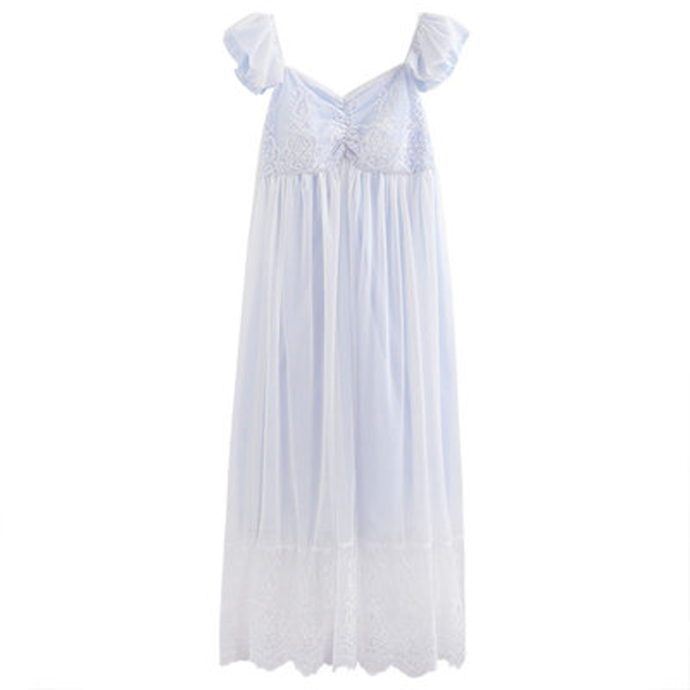 Women Nightdress Summer Princess Style Viscose Fiber Lace Mesh Home Sweet Small Flying Sleeve Korean Slip Nightgown Chest Pad
