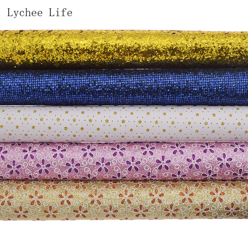 Lychee Life A4 Chunky Glitter Synthetic Leather Fabric For Hairbows 21x29cm Handmade Sewing Fabric Crafts