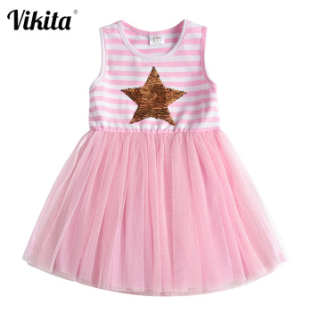 VIKITA Girls Sequined Dress Children Flare Sleeve Princess Dresses Kids Summer Tutu Dress Children Star Unicorn Crown Vestidos