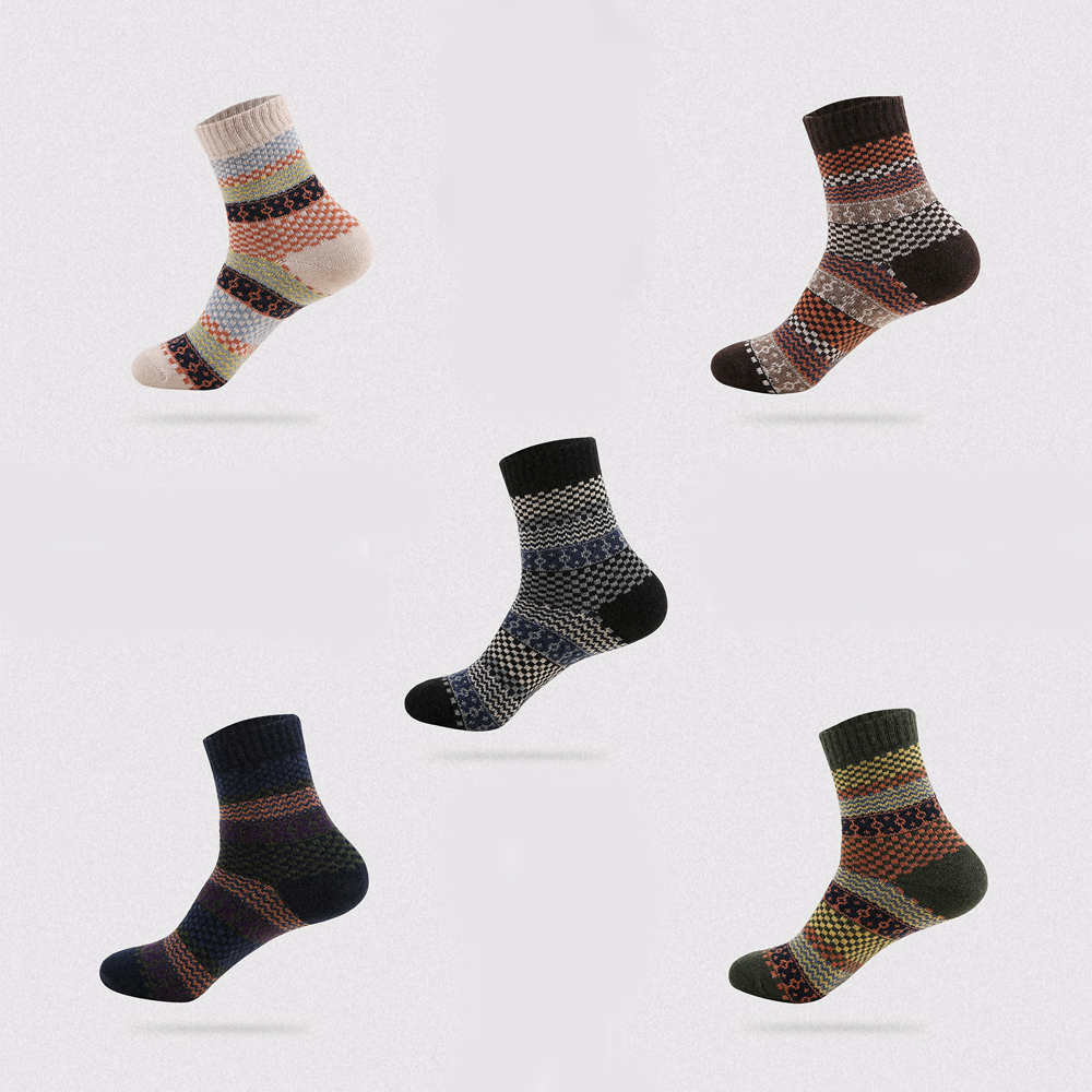 5Pairs/Set Men Socks Winter Warm Thicken Wool Men Boys Socks Ethnic Style Small Grid Casual Sports Socks Clothing Accessories