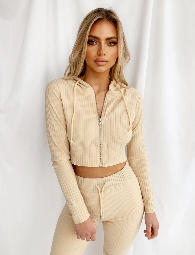 Ribbed Knitted Women 's Set Long Sleeve Hoodie Sweatshirt Pencil Pants Suit Active Tracksuit Two Piece Set Fitness Outfits 2020