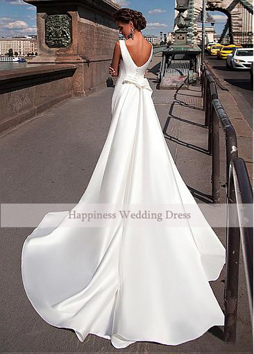 Mermaid White Satin Wedding Dresses Jewel Neck Custom Made Floor Length Robe De Mariee Bridal Dresses