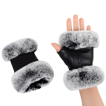 Women Faux Leather Driving Half Finger Gloves with Fluffy Trim Winter Thermal Plush Lining Warm Fingerless Mittens