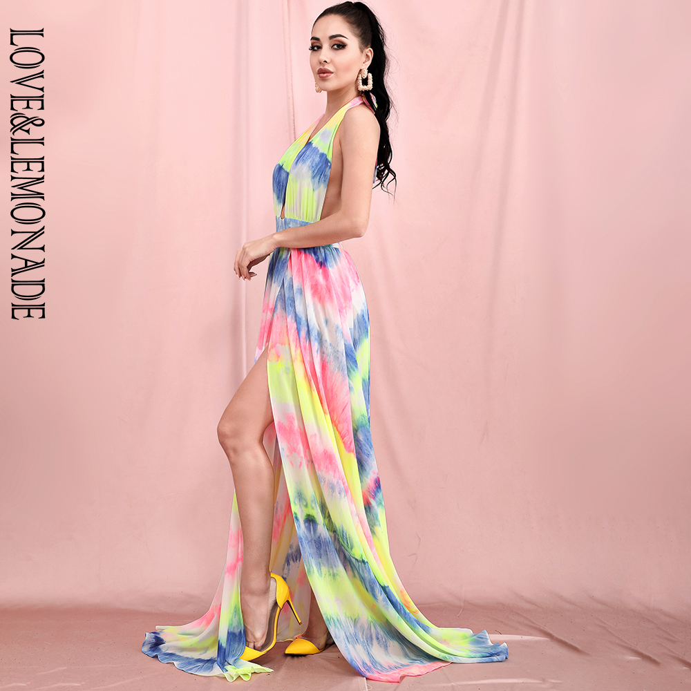 LOVE & LEMONADE Sexy V-Neck Open Back Cut Out colorful print Chiffon Long Dress LM81049A