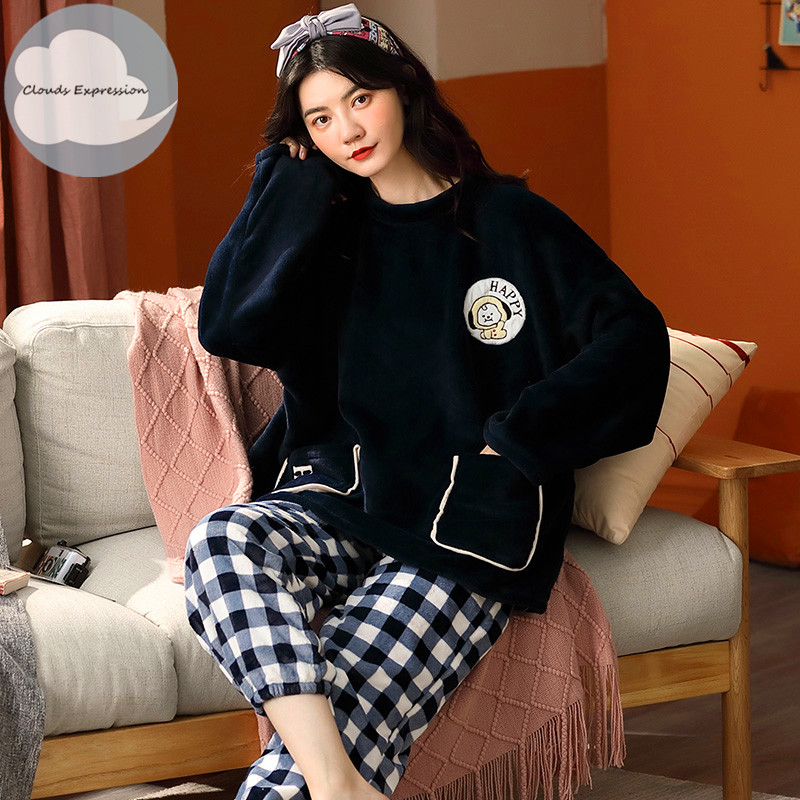 Winter Warm Thicken Elegant Women's Sleepwear Pajamas Lady Pajama Set Pullover Coral Fleece Pijamas Mujer Fashion Homewear Sets