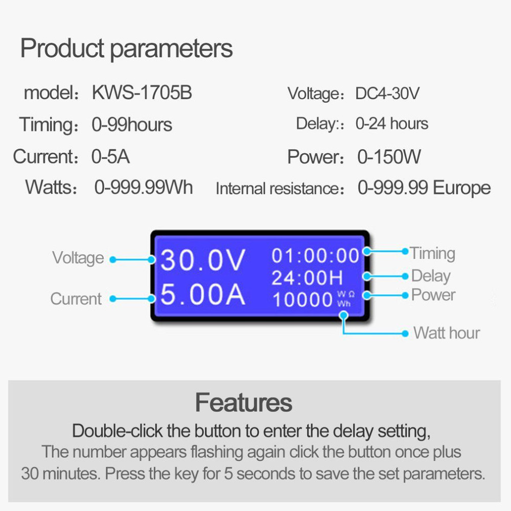 DC4-30V Electrical power USB capacity voltage tester current meter monitor voltmeter ammeter 0-5A 0-99 hours 0-150W