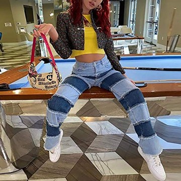 WENYUJH Streetwear Women Jeans Fashion Patchwork Harajuku Aesthetic Pants Jeans High Waisted Denim 90s Jeans Cuteandpsycho