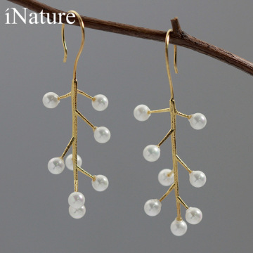 INATURE 925 Sterling Silver Natural Pearl Sweet Fruit Fresh Cherry Drop Earrings for Women Fashion Jewelry Gift