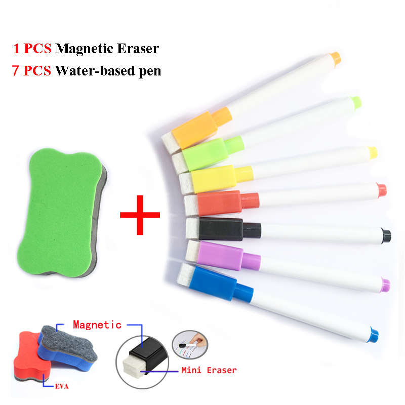 7pcs Whiteboard Marker Pens 1pcs Dry Eraser School White Board Water-based Pen Watercolor Color Magnetic Pen Classroom Supplies