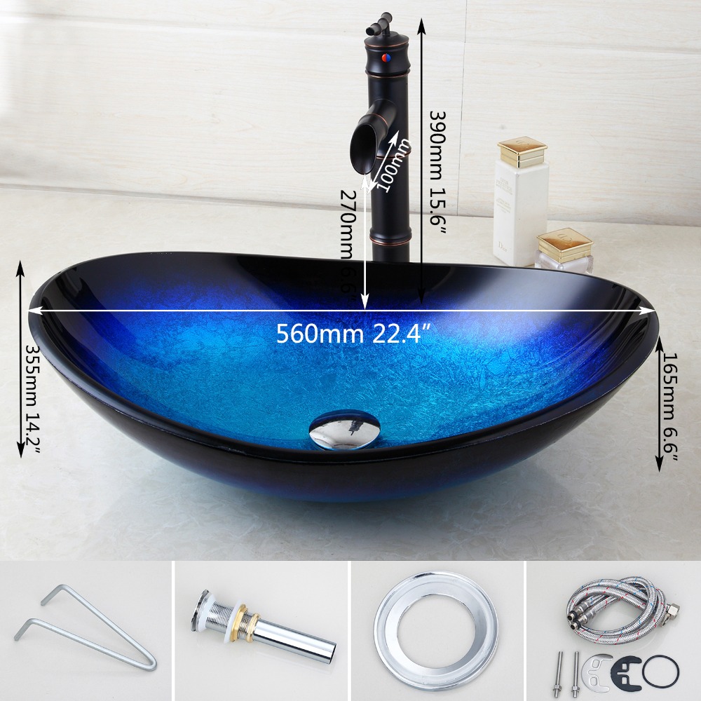 KEMAIDI New Waterfall Spout Basin Black Tap+Bathroom Sink Washbasin Tempered Glass Hand-Painted Bath Brass Set Faucet Mixer Taps