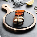 MUZITY Slate Dinner Plate Round Shape with Wooden Dish Sushi Steak Barbecue Plate Cheese Pizza Flat Fruit Plate