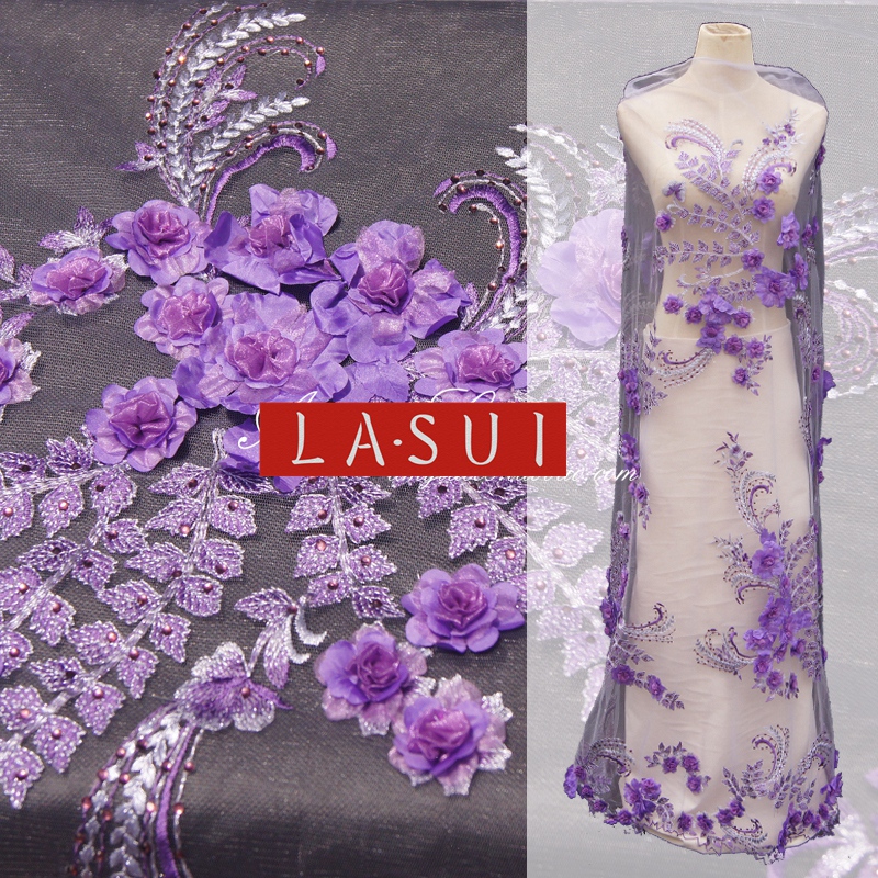LASUI Purple 3D Heavy industry decals sticker drilling silver thread embroidery soft thread yarn lace embroidery fabric dress