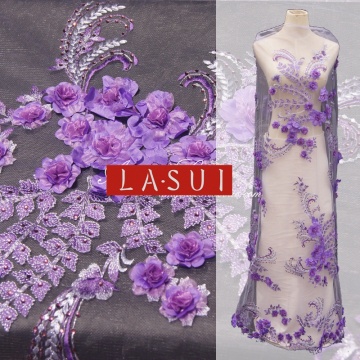 LASUI Purple 3D Heavy industry decals sticker drilling silver thread embroidery soft thread yarn lace embroidery fabric dress