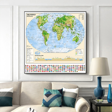 90*90cm The World Map Non-woven with Natioonal Flags Vintage Wall Art Poster Children Education Supplies Home Decoration