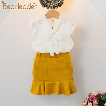 Bear Leader Girls Dress 2021 New Kids Clothing Summer Lace Short-sleeved Top + Lotus Leaf Dress 2pcs suit Children's Clothes Set