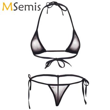 Sexy Womens Lingerie Set Erotic Sheer Mesh Extreme Micro Bikini Underwear Femme Halter Mini Bra Top with G-String Tangas Thong