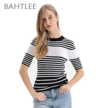 BAHTLEE women summer O-neck tencel Knitted stripe sweater Short sleeves Jumper suit style Environmental protection raw materials