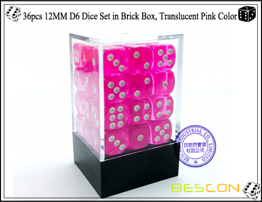 36pcs 12MM D6 Dice Set in Brick Box, Translucent Pink Color-1