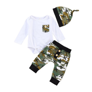 Infant Newborn Baby Boys Long Sleeve Long Pants Suit, Round Collar Two-pieces Set, White Top Camouflage Trouser Outfit with Hat