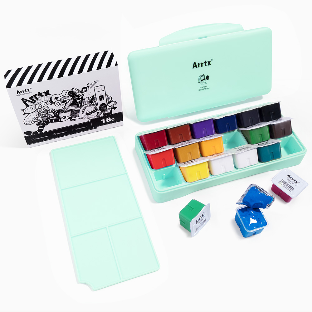 Arrtx 18 Colors Gouache Paint Set 30ml Cute Jelly Cup Design with Portable Box and Palette Suitable for Hobbyist Artists Paint