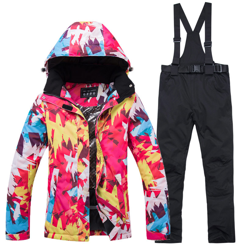 -30 Women's Snow Suit Wear Winter Outdoor Sports Girl Costume Snowboard Clothing Waterproof Ski Sets Jacket + Strap Pant Female