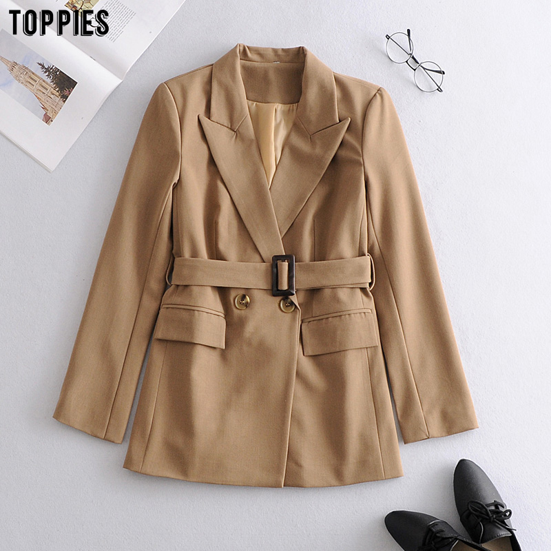 Toppeis women's belt jacket blazer ladies long blazer solid color suit autumn coat 2020 women outwear