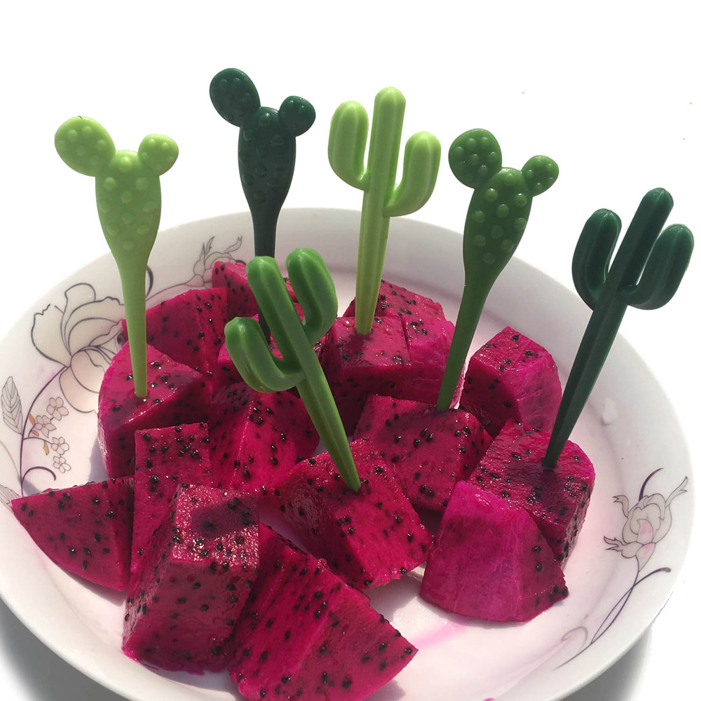 6pcs/pack Plastic Fruit Forks Green Cactus & Black Cat Toothpick Kids Tableware Fruit Fork Food Picks