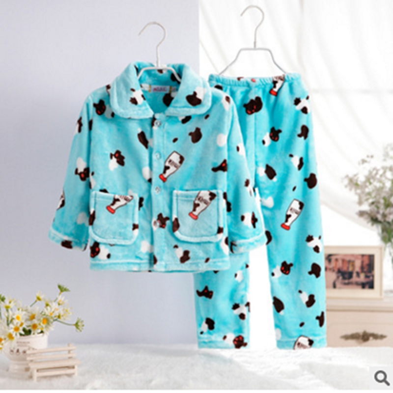 Children's pajamas boys and girls autumn and winter home service cartoon pattern flannel baby coral fleece warm suit thickening