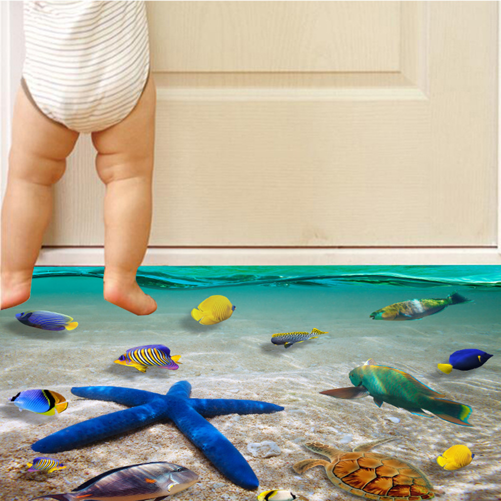 60*90cm Cute 3D Dolphin Floor Stickers Waterproof Bathroom Starfish wall stickers floor sticker tiles For Kids Room Gift