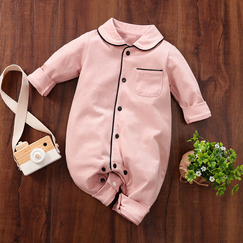 PatPat New Spring Autumn Baby Boy Girl Newborn Cotton Solid Polo Collar Cardigan Pocket Design Long-sleeve Jumpsuit