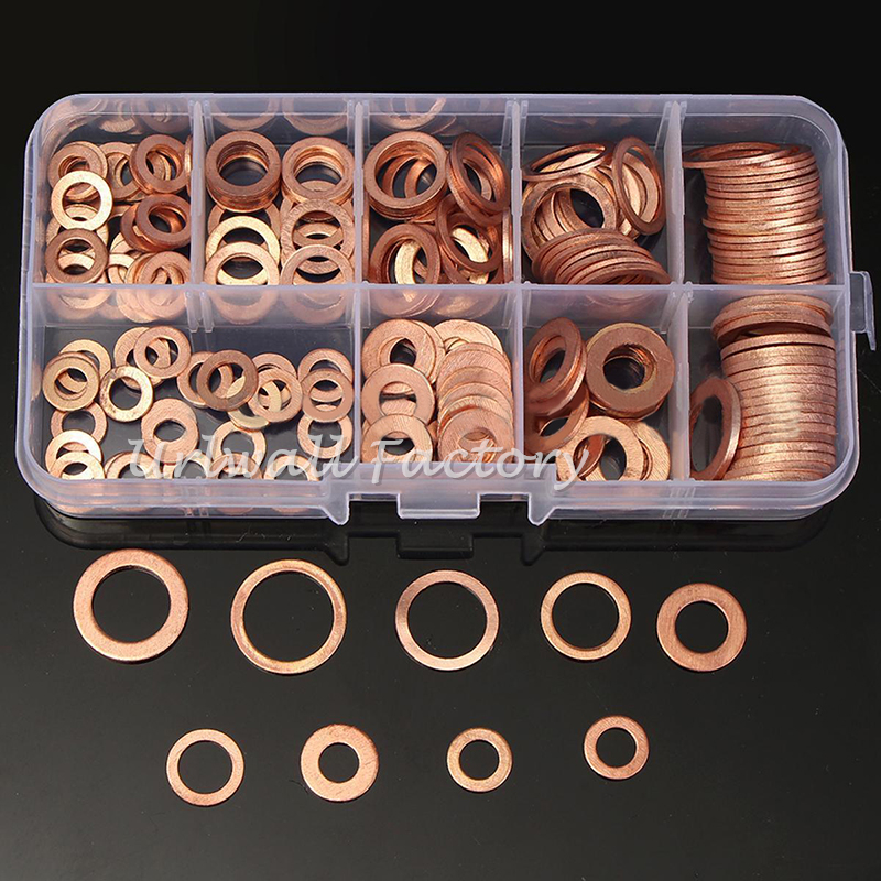 120/200PCS Copper Washer Gasket Set 9 Sizes Flat Ring Seal M5/M6/M8/M10/M12/M14 For Hardware Accessories with Box