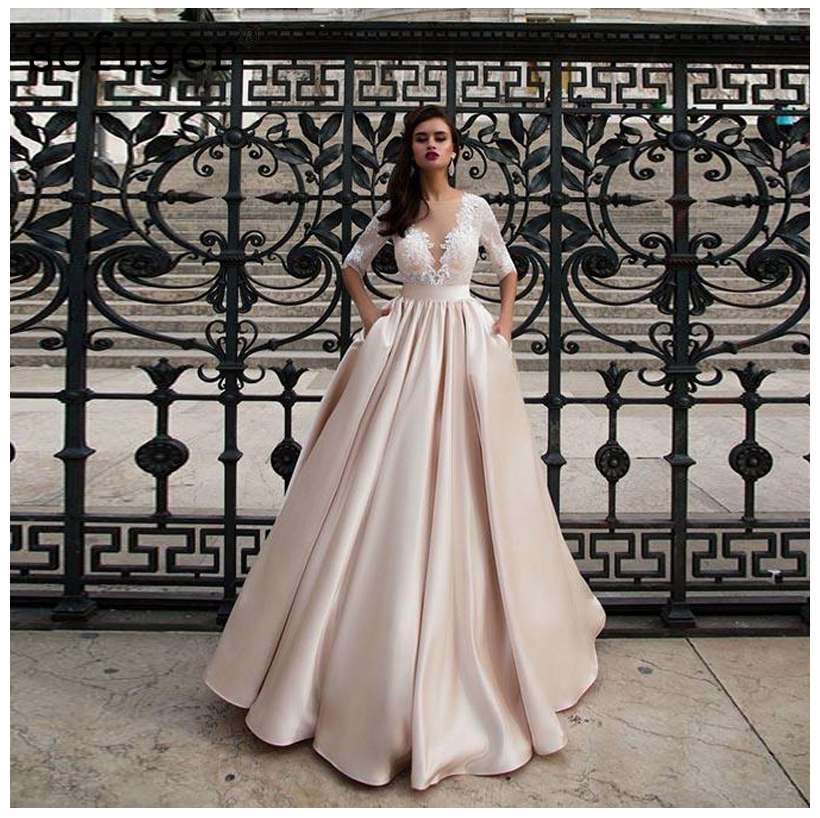 Elegant Lace Wedding Dress Vestidos de novia 2019 Champagne A Line Bridal Dress Satin Sexy Romantic Floor Length Wedding Gowns