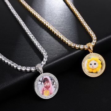 Custom Made Photo Medallions Pendant Necklace Iced Out Cubic Zircon 4mm Tennis Chain Gold Silver Men's Hip Hop Rap Jewelry Gift