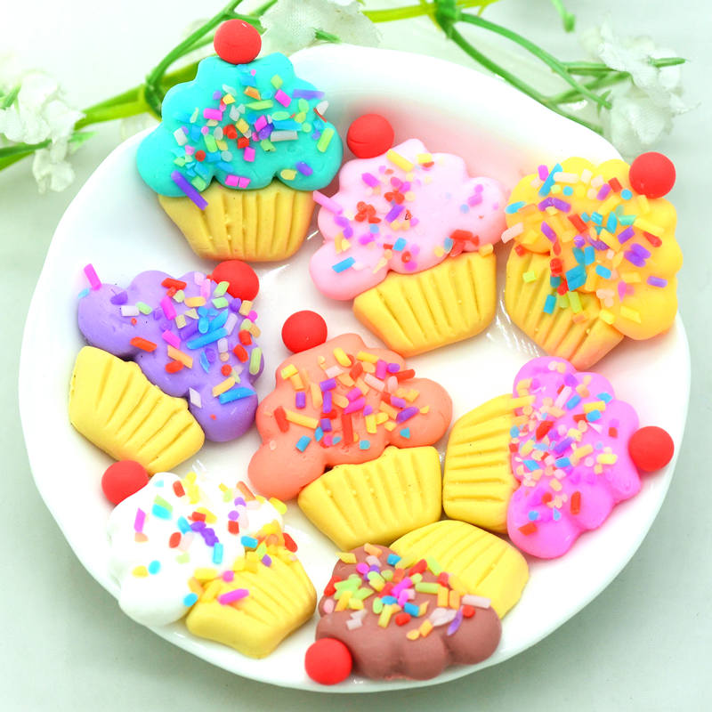 10PCS 23X28mm Flat back Polymer Clay Cupcake Miniatures|Soft Clay Scrapbooking Embellishments|Hairpin DIY Crafting Materials