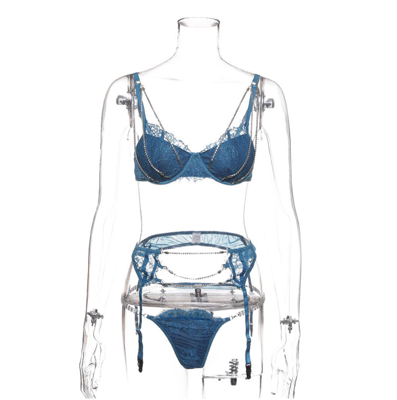 Hirigin Women 3 Pcs Lace Diamonds Lingerie Sets Sexy Crystal Chain Bra G-string Underwear Sleepwear Suits Costumes
