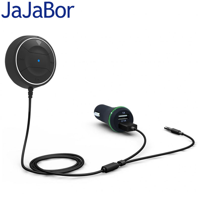 JaJaBor Bluetooth Hands Free Car kit with NFC Function +3.5mm AUX Receiver Music Aux Speakerphone 2.1A USB Car Charger