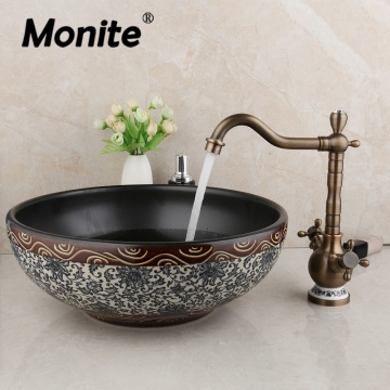Monite Black Ceramic Wash Basin Faucet Set Bathroom Ceramic Round Sink Bacia Antique Brass Deck Mounted Tap Mixer Faucet