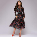 Print Mesh Patchwork Dress Sexy Lace Embroidered High-end Dress Woman Long-sleeved High Waist A-line Dresses Backless Vestido