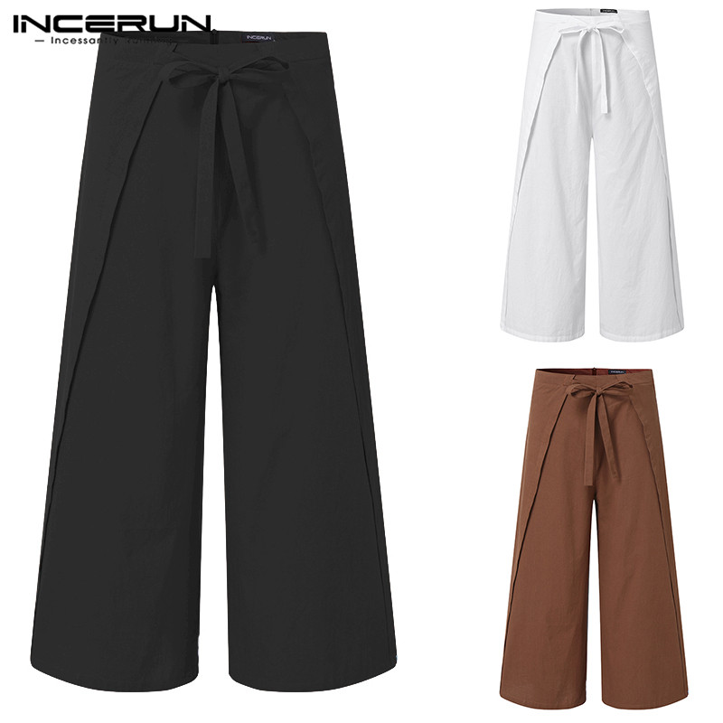 INCERUN Solid Color Men Wide Leg Pants Joggers Lace Up Streetwear Casual Loose Thai Trousers Men Cotton Fisherman Pants S-5XL