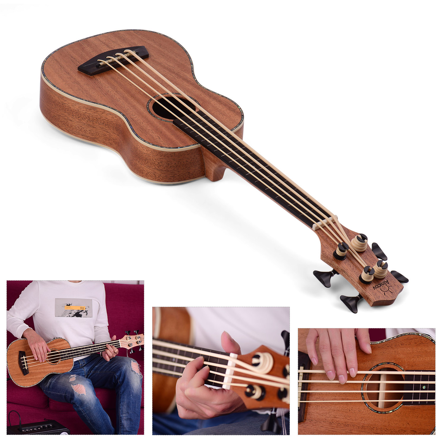 30 Inch Electric Bass Ukulele Ukelele Uke Sapele Plywood Body Padauk Fretboard Rubber Strings Built-in Tuner EQ with Audio Cable