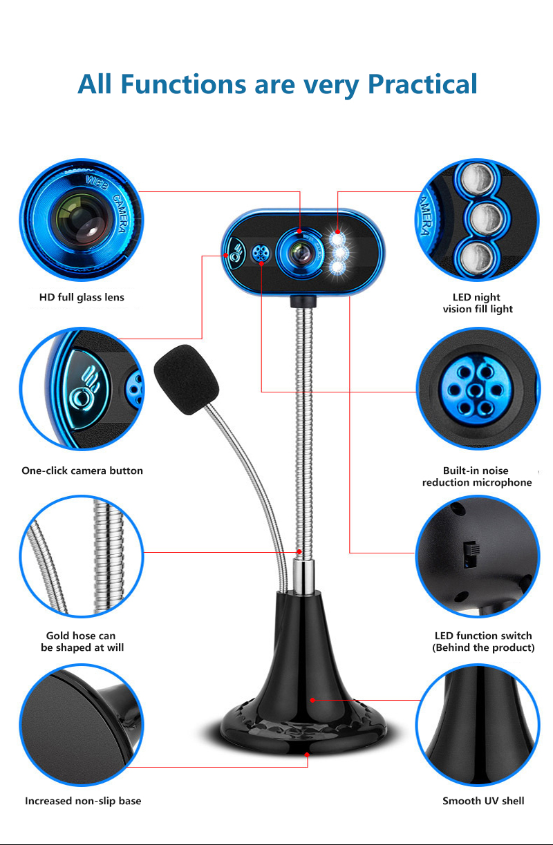 USB HD Webcam With Home Office Microphone Night Vision Function Video Camera LED With Microphone For Laptop Notebook Computer