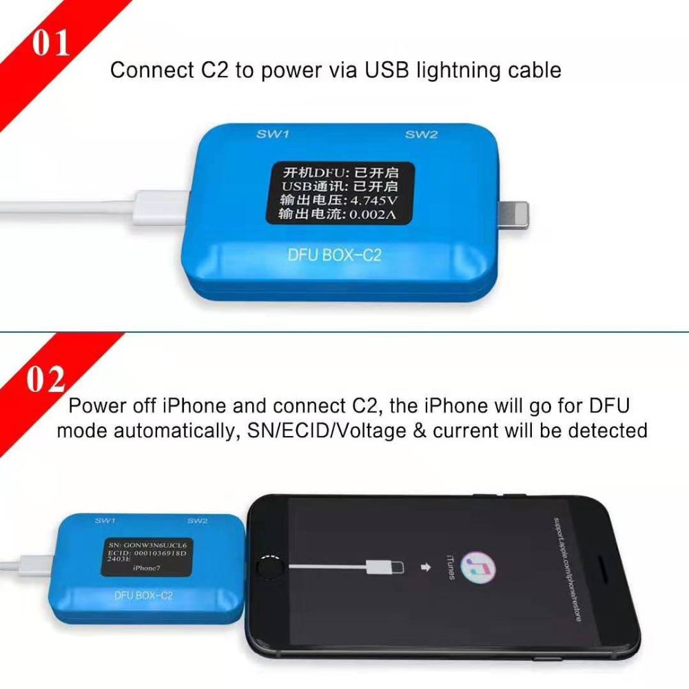 JC DFU BOX C2 For DCSD Cable Enter DFU for iPhone Motherboard One Key Display Restore Reboot IOS SN ECID MODEL Information Read