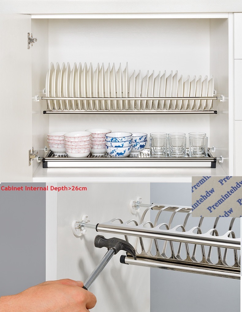 49-73cm 2 Tiers Stainless Steel Cabinet Cupboard Inside Dish Plate Tableware Drying Rack Storage Organizer Knock on
