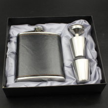 Gift For Men 1 Set 7 Oz Black Stainless Steel Hip Flask Leather Wrapped With 1 Funnel 2 Cups Pocket Wine Bottle Hip Flask