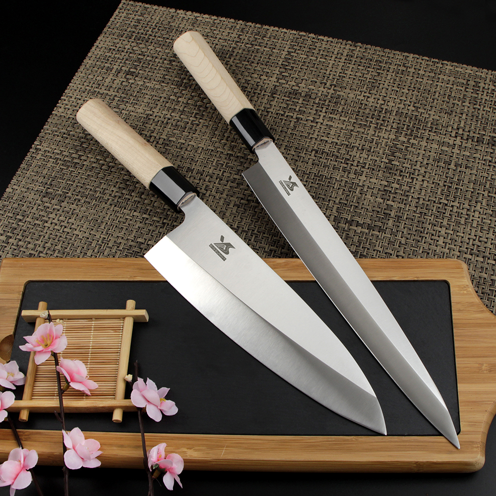 BIGSUNNY Set of 2 Pcs Sashimi Knife Set German Steel Sushi and Deba Knife Japanese Knife Set Wood Handle