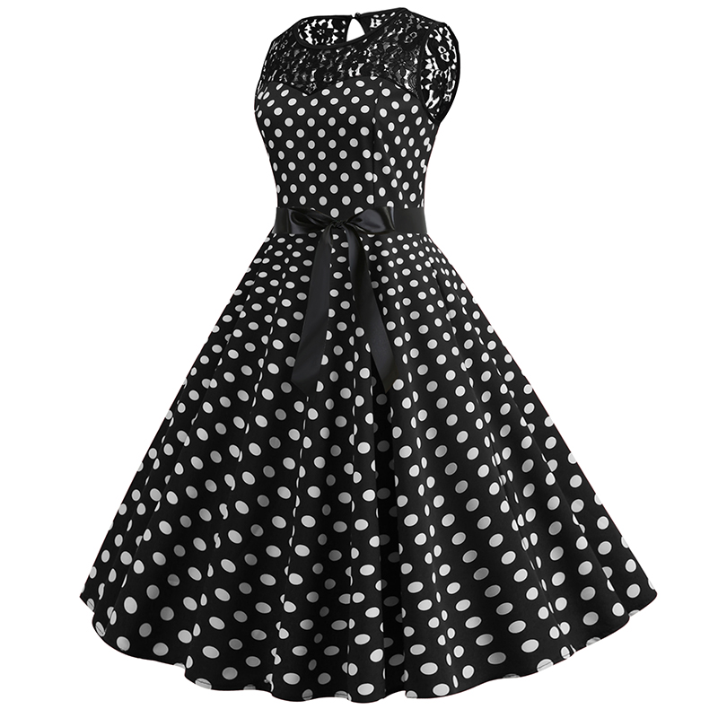 Women Summer Lace Vintage Dress Black Polka Dot Sexy O-neck Beach Dresses Fashion Casual Big Swing Party Robe Plus Size