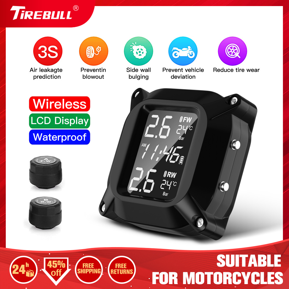 Wireless Motorcycle TPMS Tire Pressure Monitoring System 2pcs External Sensor LCD Time Display Tyre Temperature Monitor Alarm