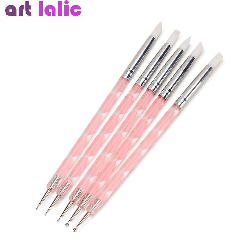 5Pcs 2 Way Nail Art Acrylic Silicone Point Flower Double Head Nail Pen Stainless Steel Dotting Tools Marbleizing Painting Pens